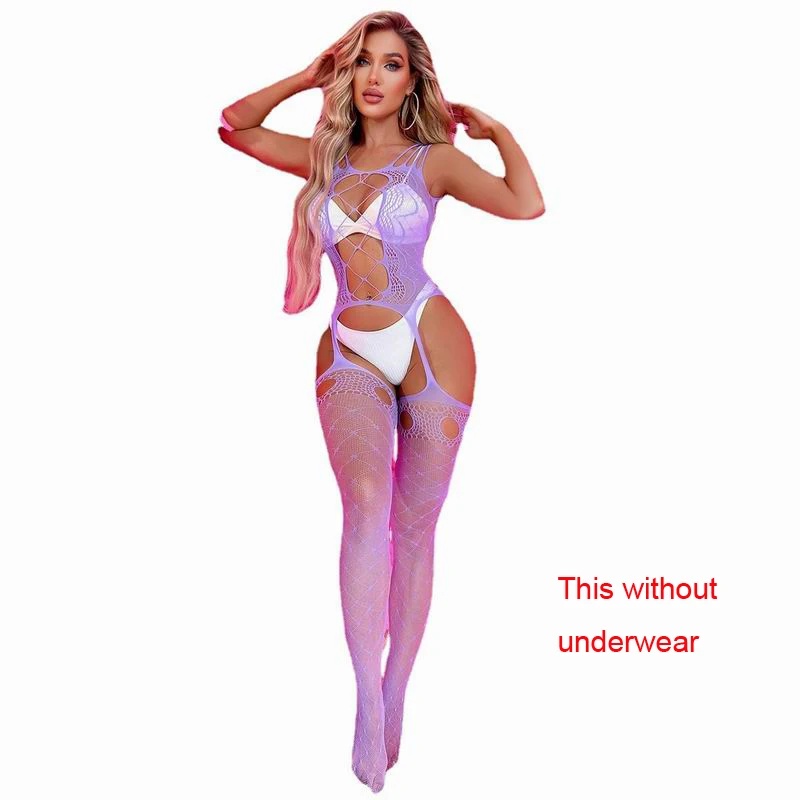 

Purple Hollow Out Plaid Open Crotch Teddies Women Sexy One-piece Mesh Sexy Lingerie With Stockings
