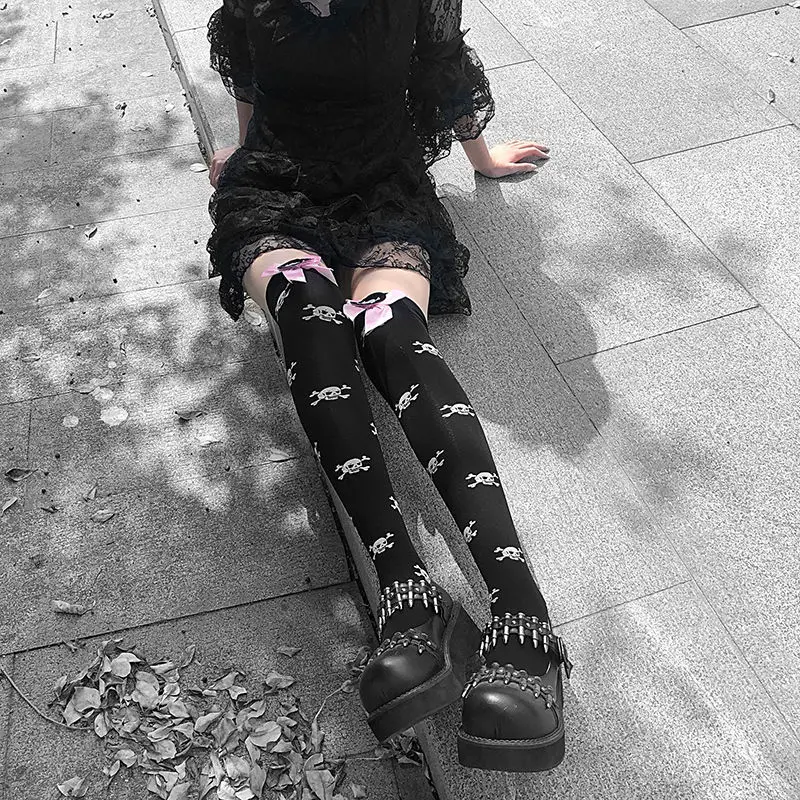 

Skull Bow Velvet Over Knee Thigh Socks Ladies Halloween Fashion Pink Print Skull Thin Socks Cute Women Thigh High Black Funny