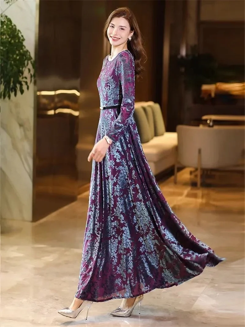 Осеннее новое женское золотистое бархатное платье с длинными рукавами модное