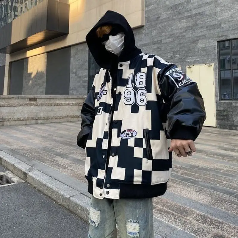 

Varsity jacket men autumn winter baseball uniform American street embroidery letter plaid coat unisex waterproof hiphop jacket