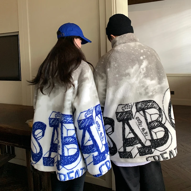 EOENKKY/Lamb Wool Coat Men's Tie Dye Unisex Soft Thicken Warm Male Jackets Fashion 2022 Winter New Brand Large Size Parkas Men