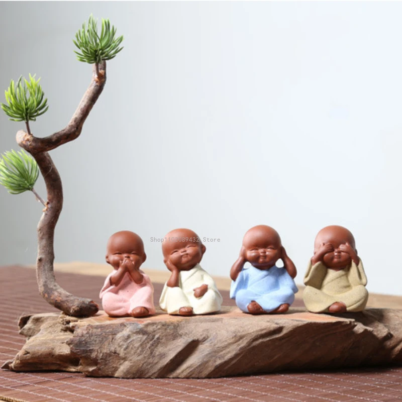 

4PCS Monk Figurines Small Buddha Statue Tathagata Ceramic Ornaments India Yoga Mandala Tea Pet Purple Ceramic Monk Home Decor