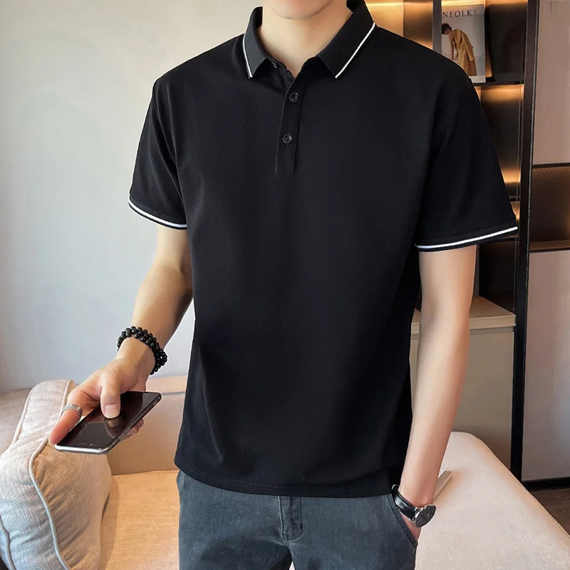 

Мужская деловая Повседневная Однотонная футболка с отложным воротником и коротким рукавом в Корейском стиле