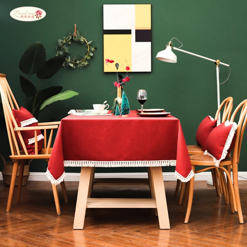 

Proud Rose Linen Cotton Tablecloth Solid Color Lace Tassel Rectangular Table Covers Home Dining Wedding Tea Table Decoration
