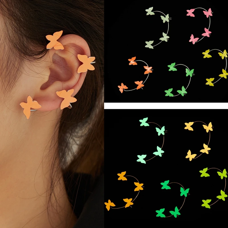 1Pc Luminous Sequins Glitter Butterfly Clip On Earring Glow In Dark Ear Cuff Non-Piercing Fake Cartilage Earrings For Women