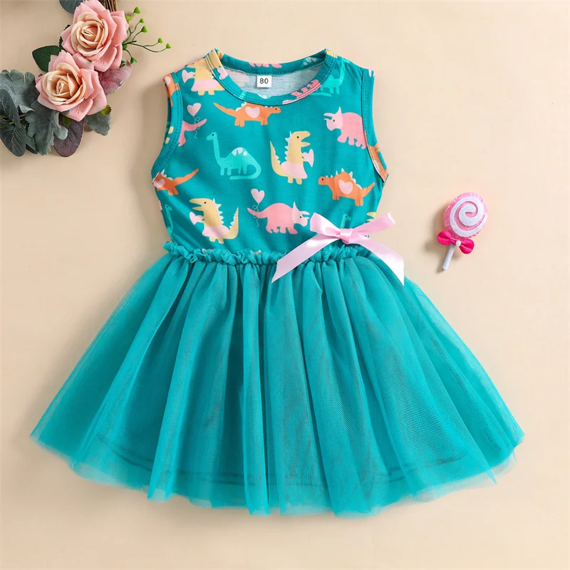 

2022 New Girls Summer Casual Dress Cute Dinosaur Print Gauze Round Neck Sleeveless Dress for Kids 1-6 Years Pink/Green