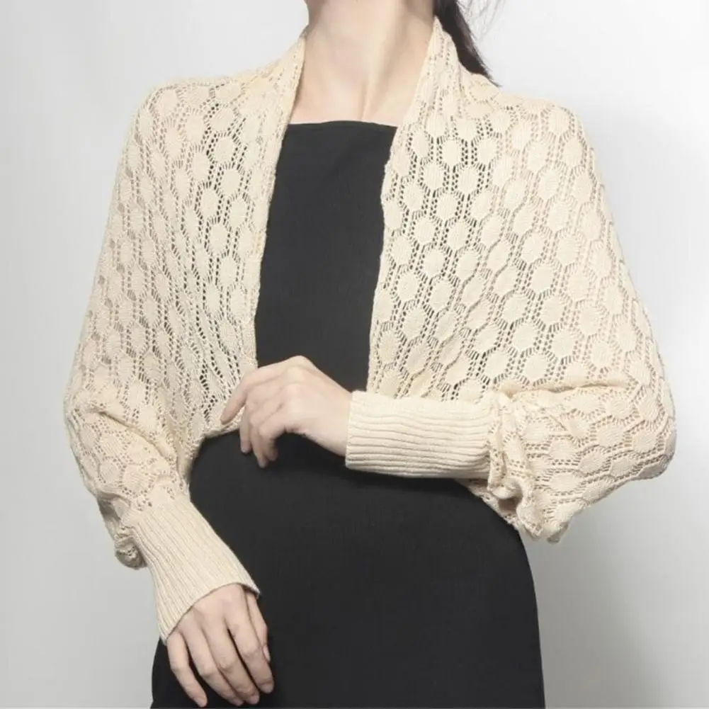 

Women Shawl Long Sleeve Soft Fabric Cardigan Open Stitch Solid Color See-through Hollow Out Sunscreen Summer Cape Coat