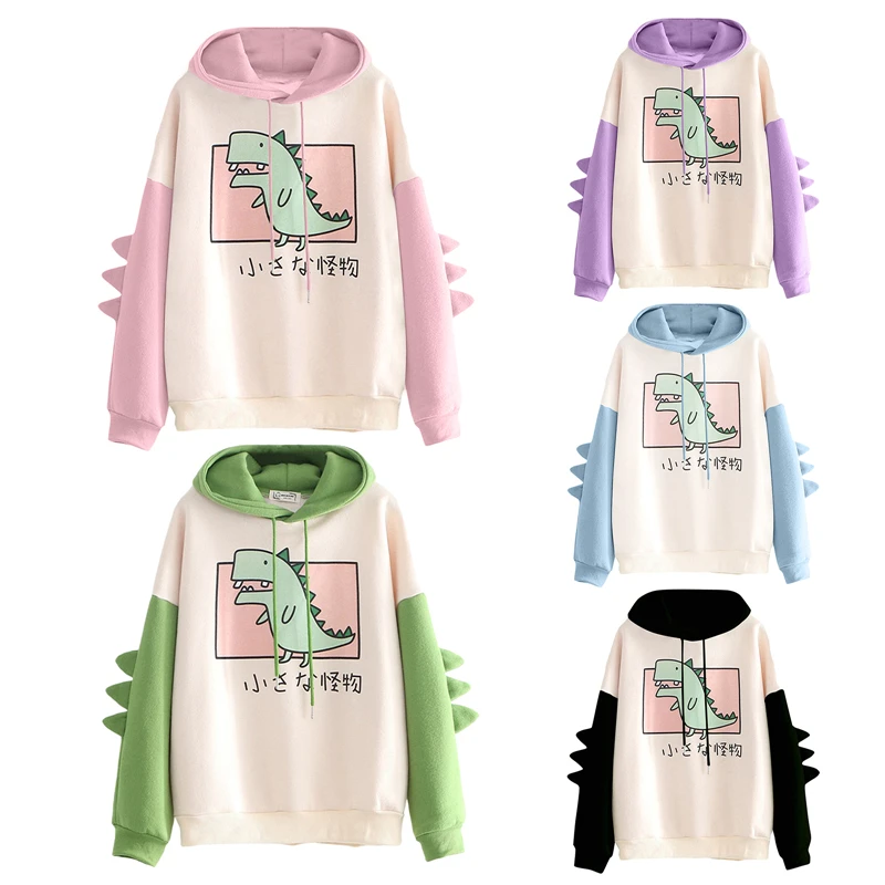 

Women Fashion Hooded Sweatshirts Cartoon Dinosaur Print Hoodie Long Sleeve Color Block Tops Ladies Harajuku Hoodies Clothes