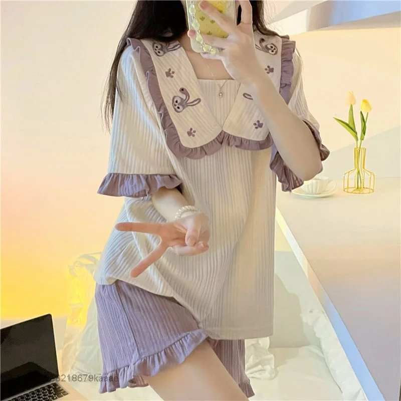 Disney StellaLou Summer Home Clothes Women Pajamas 2 Piece Set Sweet Doll Collar Tops Short Sleeve T-shirt Shorts Y2k Sleepwear