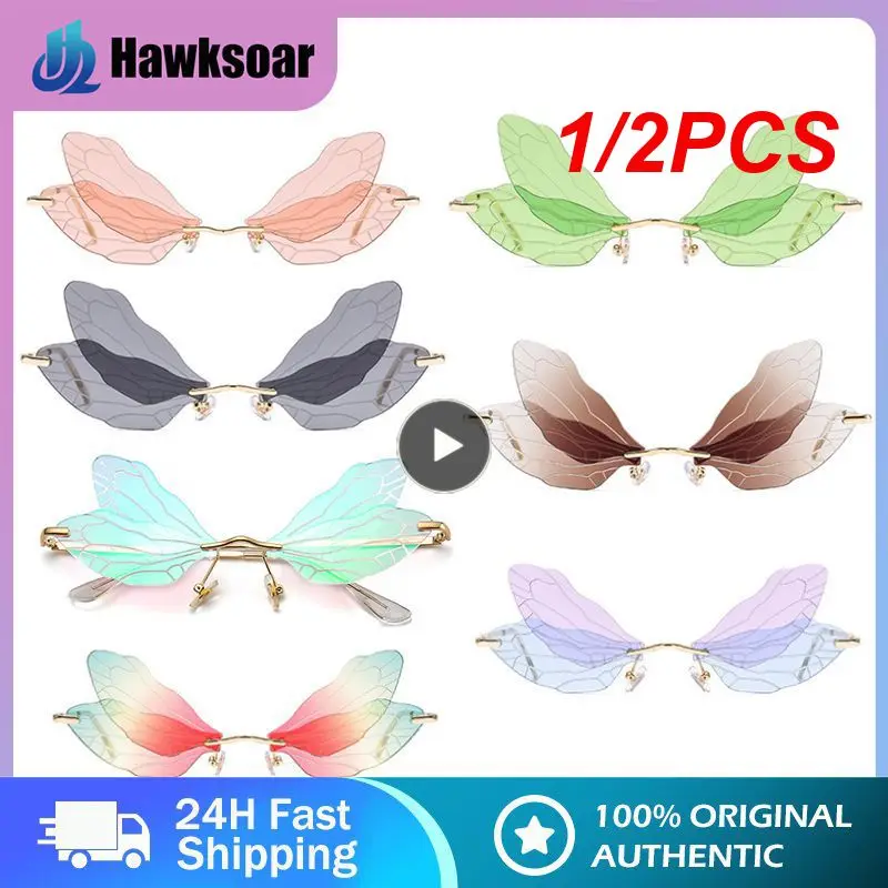 

1/2PCS Butterfly Sunglasses Rimless Dragonfly Wing Sunglasses Women Vintage Clear Ocean Lens Eyewear Men Sun Glasses Shades