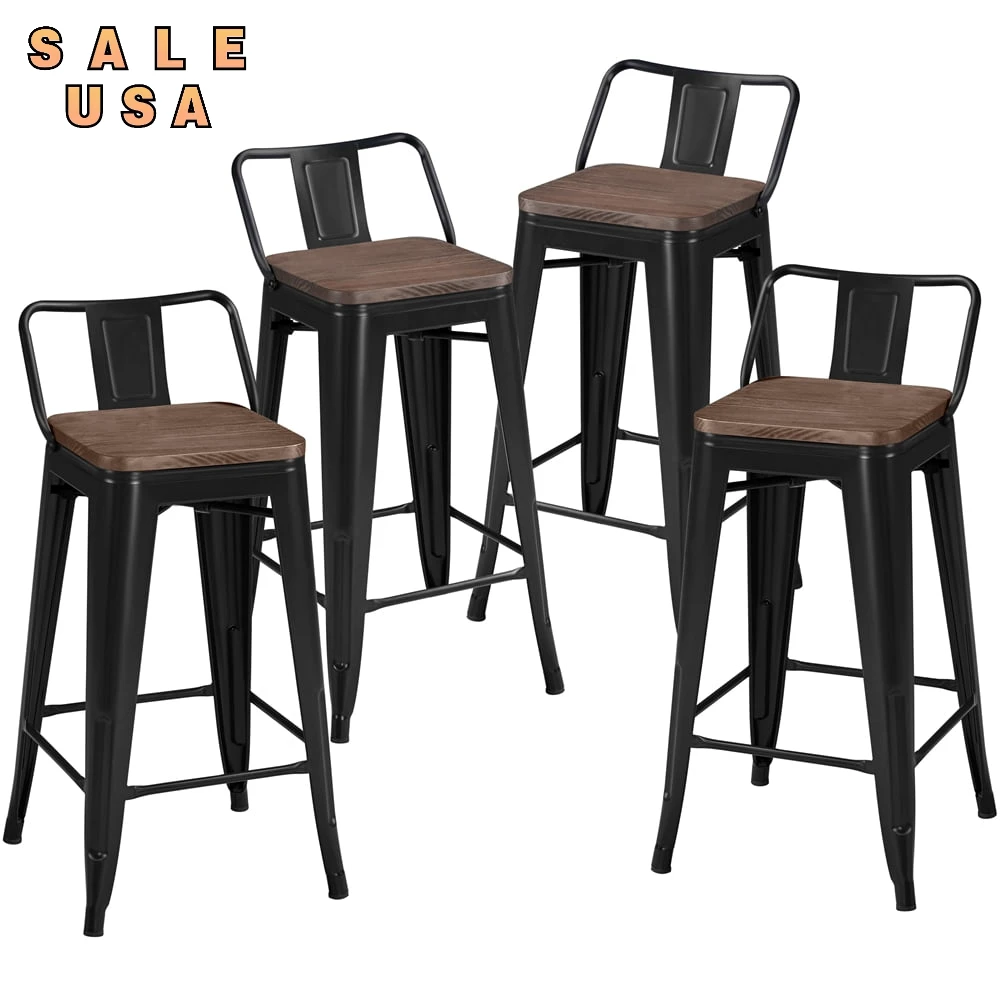 

26 дюймовые металлические барные стулья SMILE MART с низкой спинкой и деревянным верхом, набор из 4 шт., черного цвета