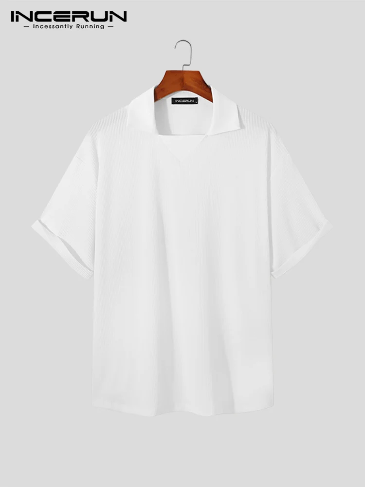 Fashionable New Men Pleated Casual Tops INCERUN Handsome Male Simple Solid Color Blouse Short Sleeve Lapel Pullover Shirts S-5XL