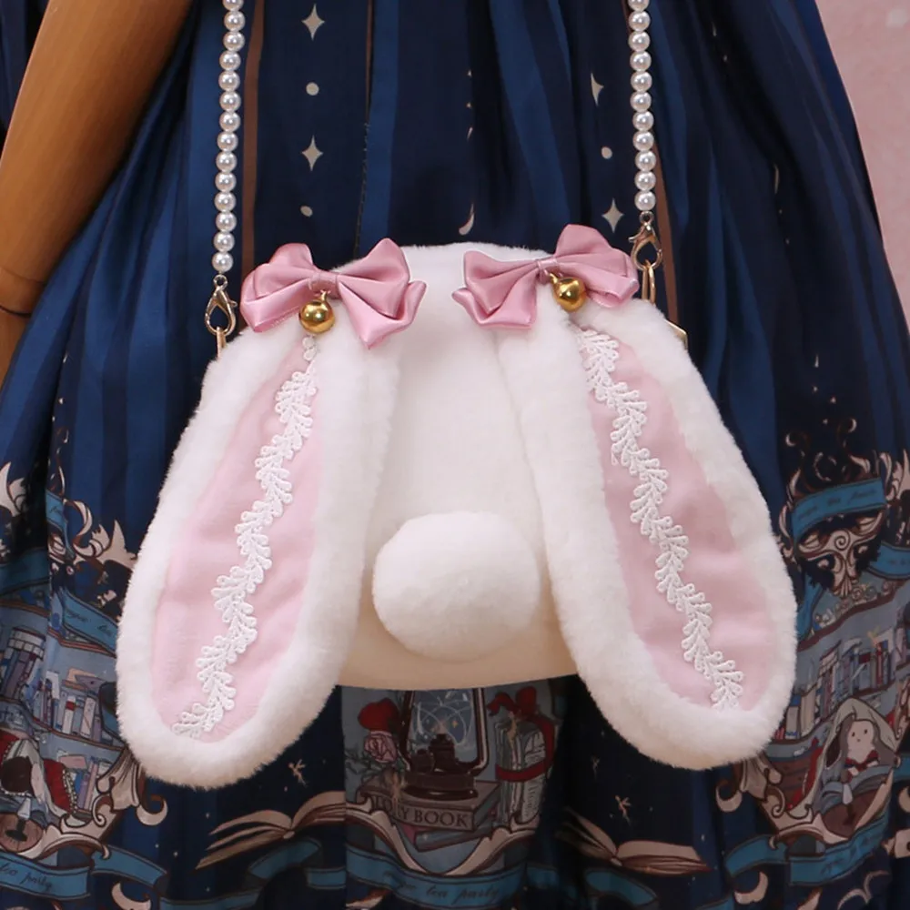 

Симпатичная плюшевая сумка с ушками кролика, сумка через плечо, игрушки, Лолита, Y2K Kawaii, кролик, хвост, бант, колокольчики, сумка, сумка-мессенджер
