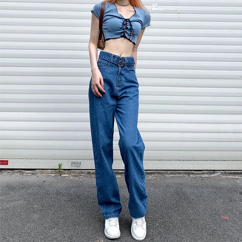 2021 Summer New Casual Fashion Women New Denim Pants Baggy Jeans Clothing Mom Fit Straight Flared Loose Jean with Belt Female