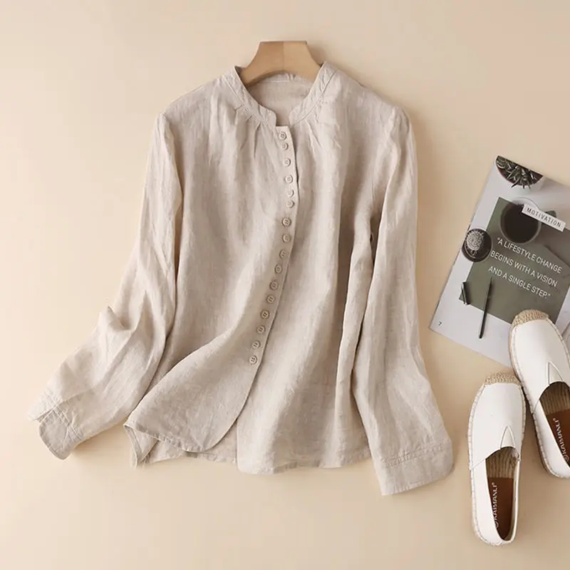 

EAEOVNI Cotton linen shirt female casual long-sleeved 2022 new stand-up collar cardigan large yards loose ladies tops