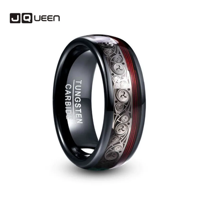 

JQUEEN 8mm Tungsten Steel Ring Plating Black Inlay Triple Spiral Pattern+Red Guitar String Tungsten Carbide Ring