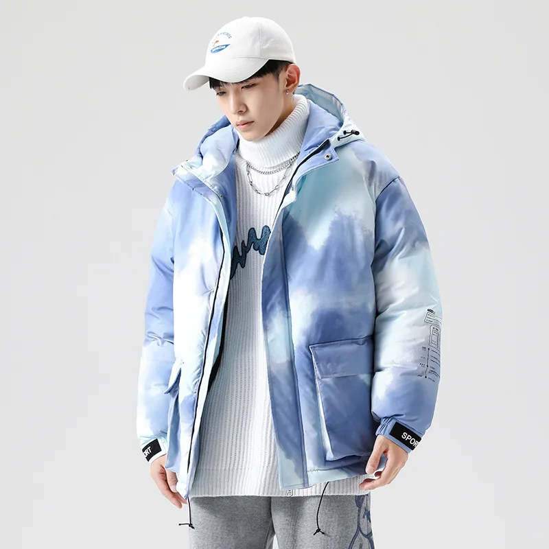 2022 Tie Dye Down Winter Coats Men Japanese Fashion Loose Thick Workwear Warm Coat Gradient Color Hooded Jackets couple clothes