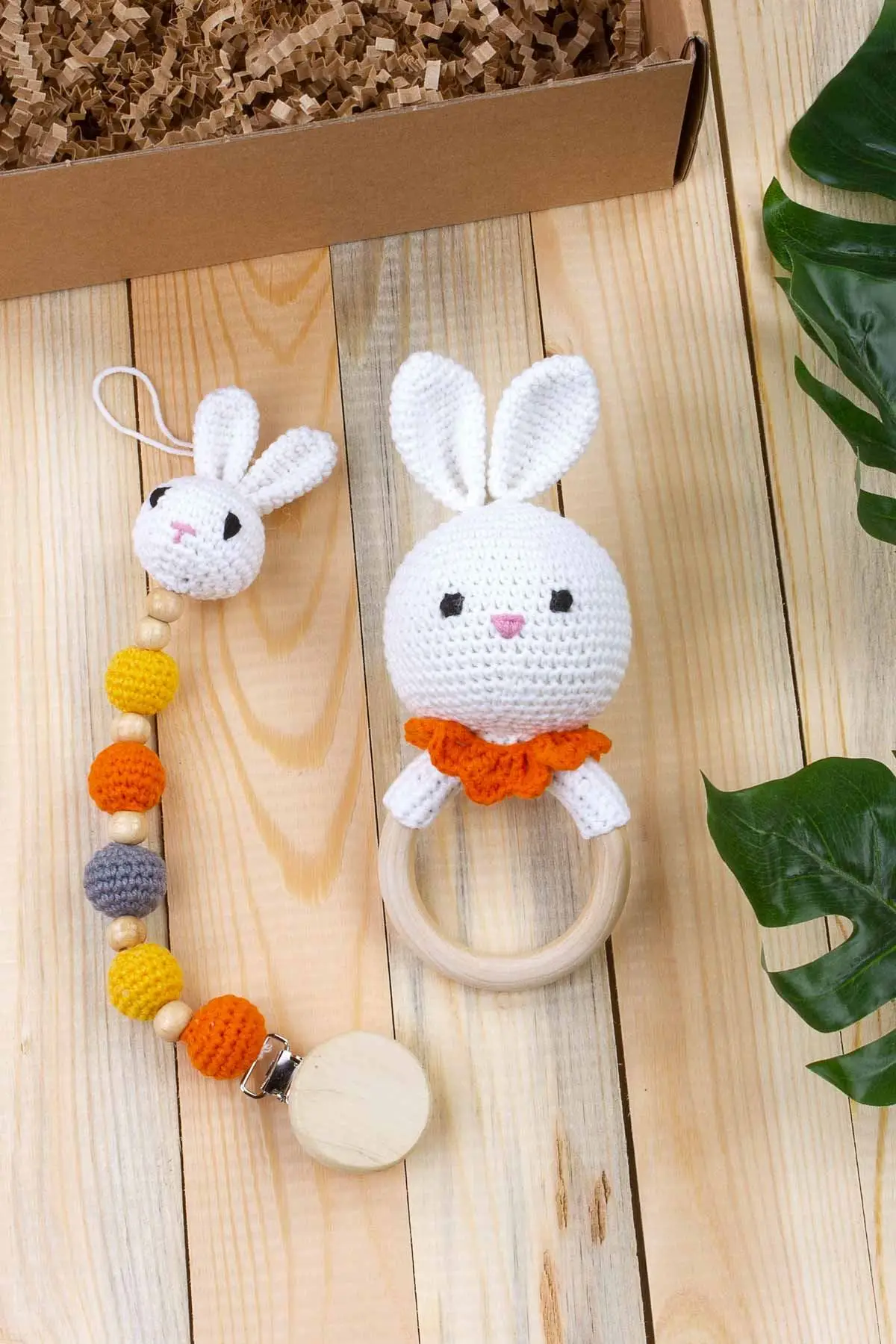 

Organic Handmade Custom Rabbit Amigurumi Rattle Pacifier Strap Toy 2 Set