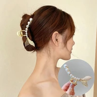 new women elegant golden alloy geometric metal hair claw vintage pearl fishtail clips headband hairpin fashion accessories