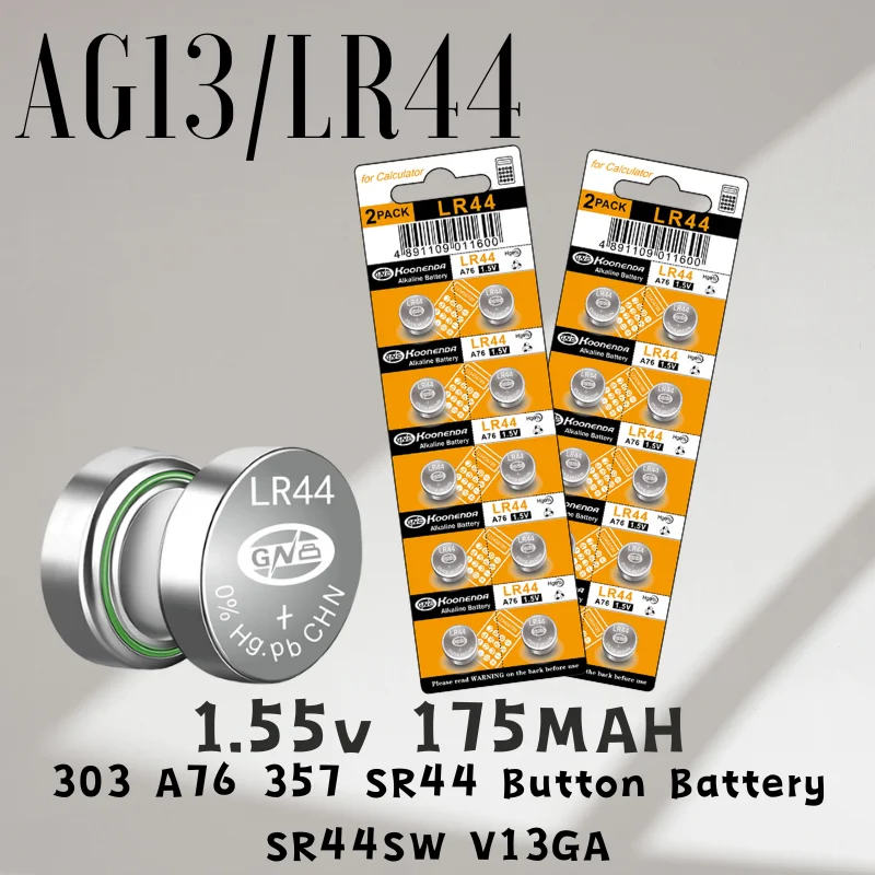 100 шт., Кнопочная батарея AG13 LR44 303 A76 357 SR44, SR44SW V13GA для часов, калькуляторов, игрушек, 1,55 в, 175 мАч, батарейки с монетницей