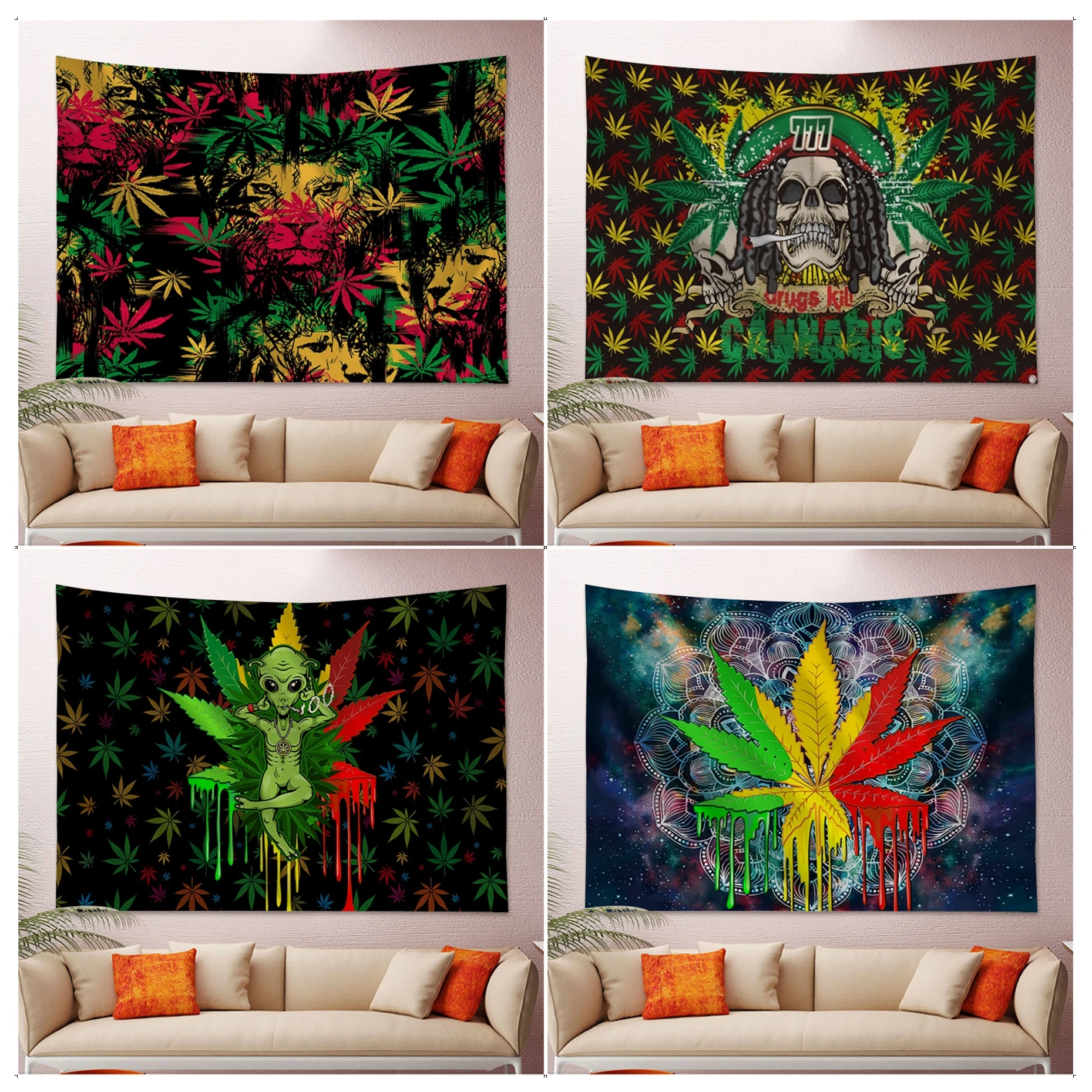 

Trippy Weed Leaf Tapestry Art Printing Hanging Tarot Hippie Wall Rugs Dorm Decor Blanket