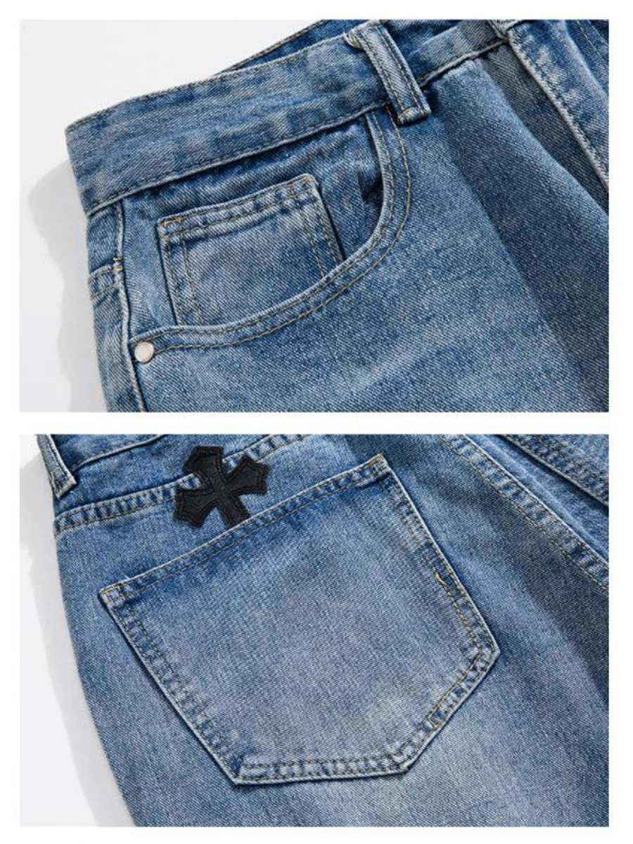 Four Seasons Men Jeans Trend Hip Hop Cross High Street Embroidery Retro Wide Leg Pants Streetwear Y2K Men Jeans ins Hot Menswear