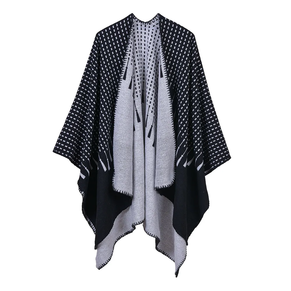 European American Street Women's Simple Tassel Pattern Jacquard Split Two Sides Versatile Fashion Cashmere Shawl Cape Poncho P1