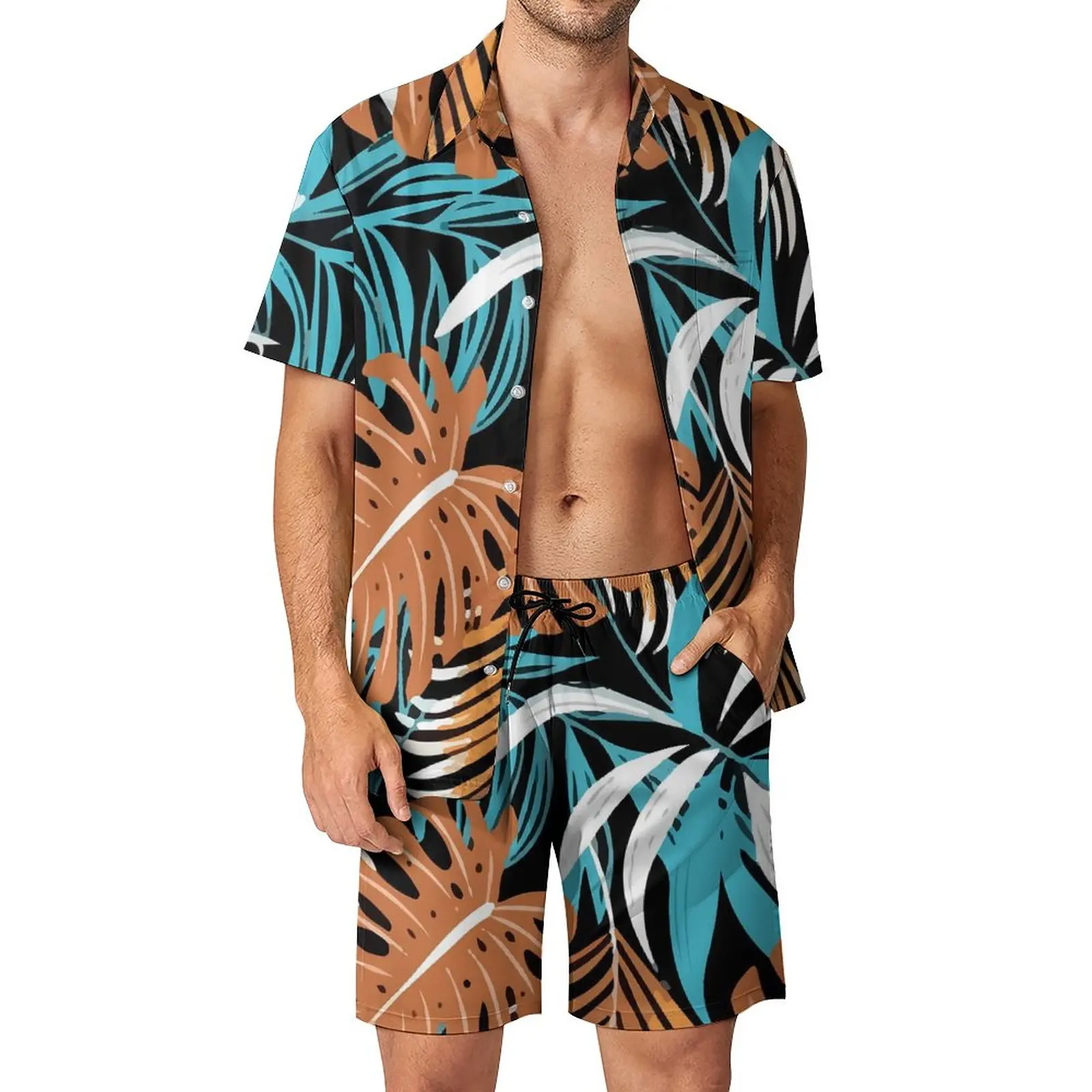 

Мужские комплекты с тропическими растениями, пляжная одежда с красочными листьями, комплект рубашек, летний Гавайский костюм на заказ, Одежда большого размера