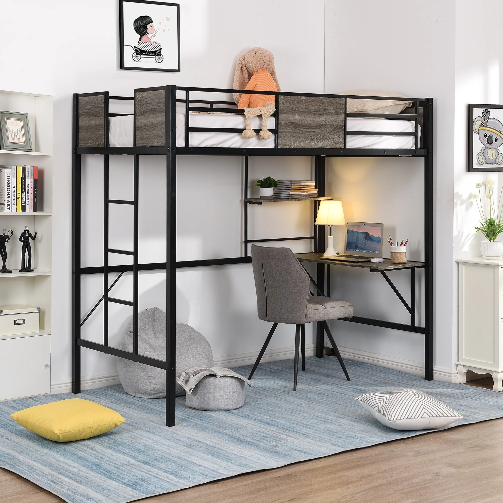 

Loft Bed with Storage Shelves, Pine Wooden Loft Bed , Twin,Black