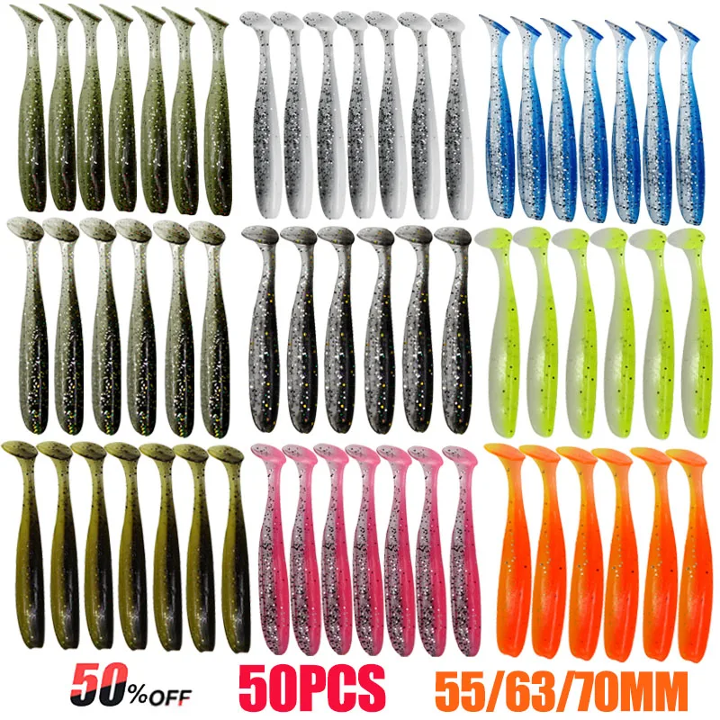 

20/50Pcs Soft Fishing Lure Artificial Silicone Trout Shad Carp Worm Sinking Baits T Tail Jigging Wobblers Fishing Lures Tackle