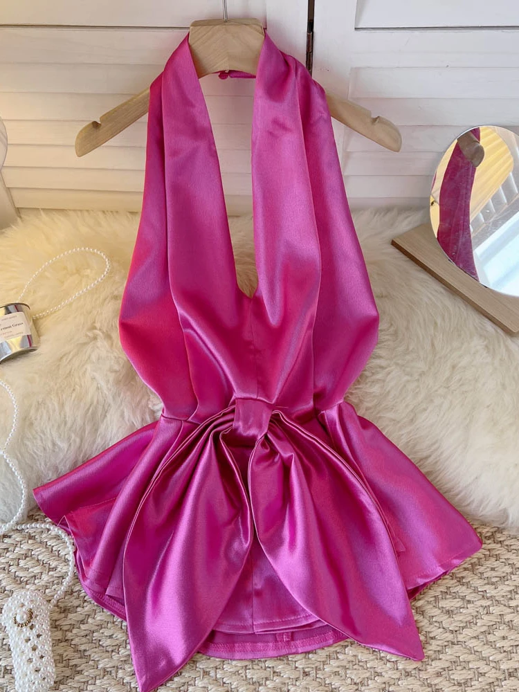 

Women Sexy Halter Shirt Ladies Blouse Satin V-neck with Halter Backless Bowknot Low Cut Drawstring Poplin Shot Blouse Vest Top