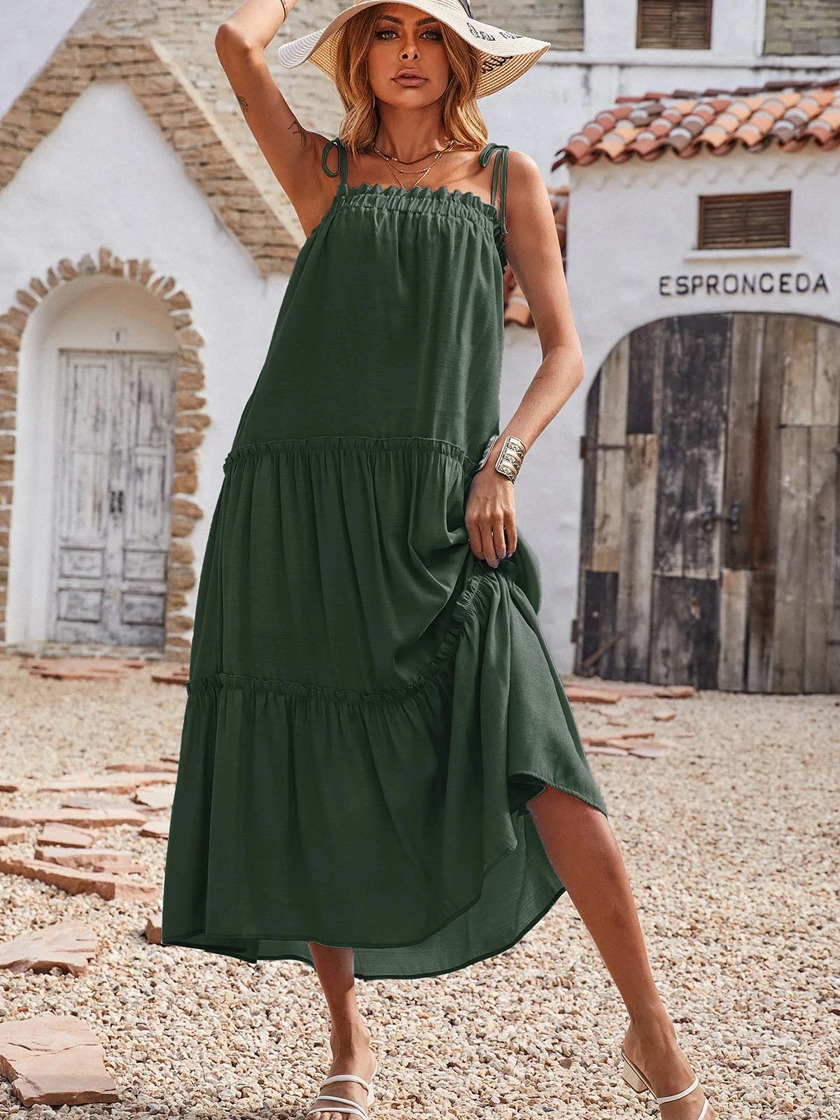 

Loose Beach Dress Woman Summer Spaghetti Strap Maxi Sundress Fashion Tiered Fashion Casual Long Boho Dress