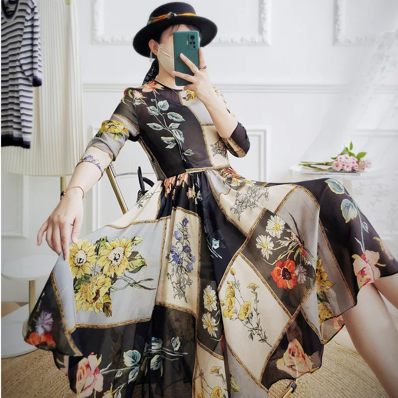 

Женское шифоновое платье с длинным рукавом, Двухслойное шелковое свободное платье трапециевидной формы с принтом позиционирования, весна ...