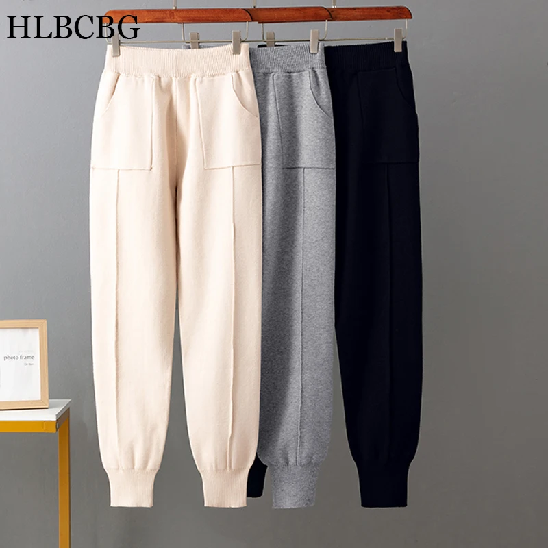 HLBCBG женские трикотажные длинные повседневные брюки с эластичным поясом высокой