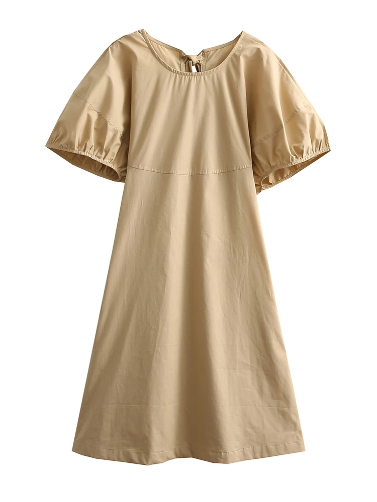 

Summer Short Sleeve Khaki Dress Women O-neck Loose Back Bow Bandage Mini Dresses 2022