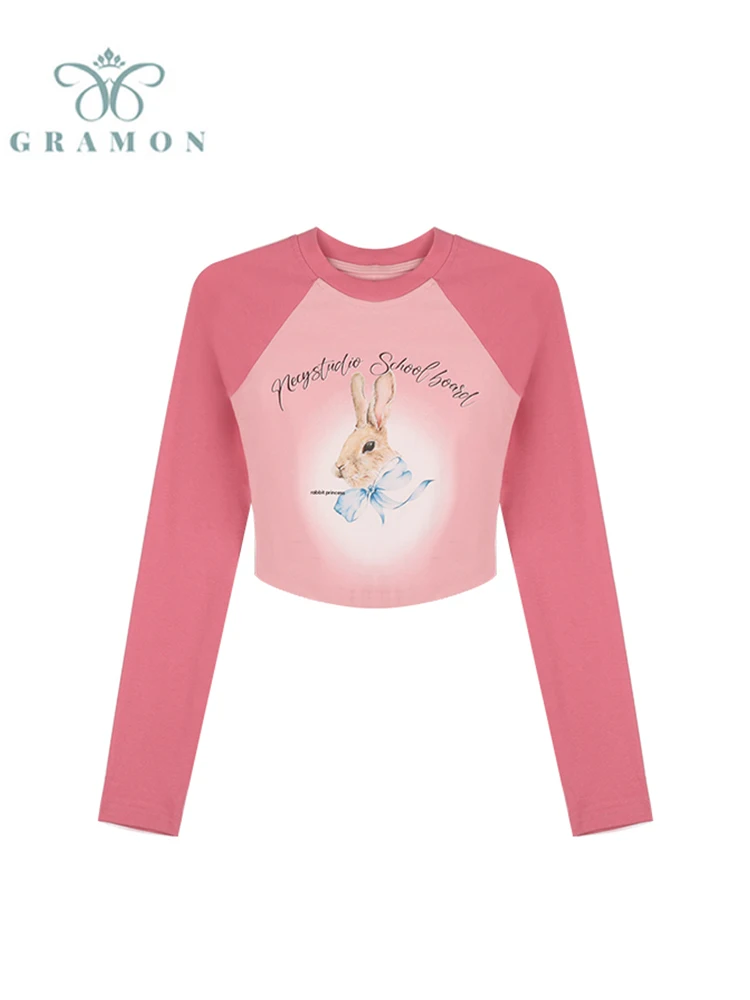 

Autumn Cartoon Print Tight T-shirts Women 2022 Korean Fashion Sweet Slim Long Sleeve Crop Top Female Streetwear Short Clothes
