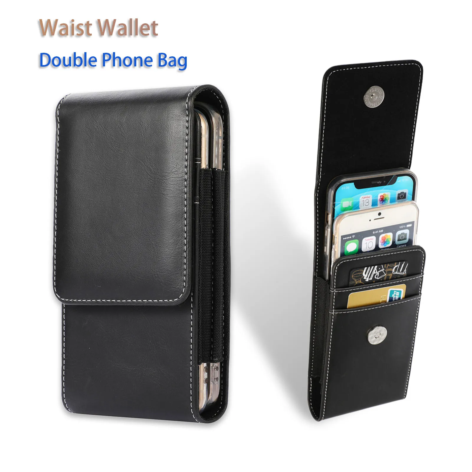 Leather Dual Pouch Card Wallet Two Mobile Phone Belt Clip Ca