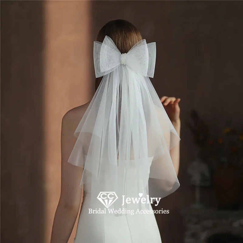 

CC Romantic Veils for Wedding Women Accessories Bridal Hairwear Engagement Headdress Bow-knot Shape Double Layer Paddy Veil V302