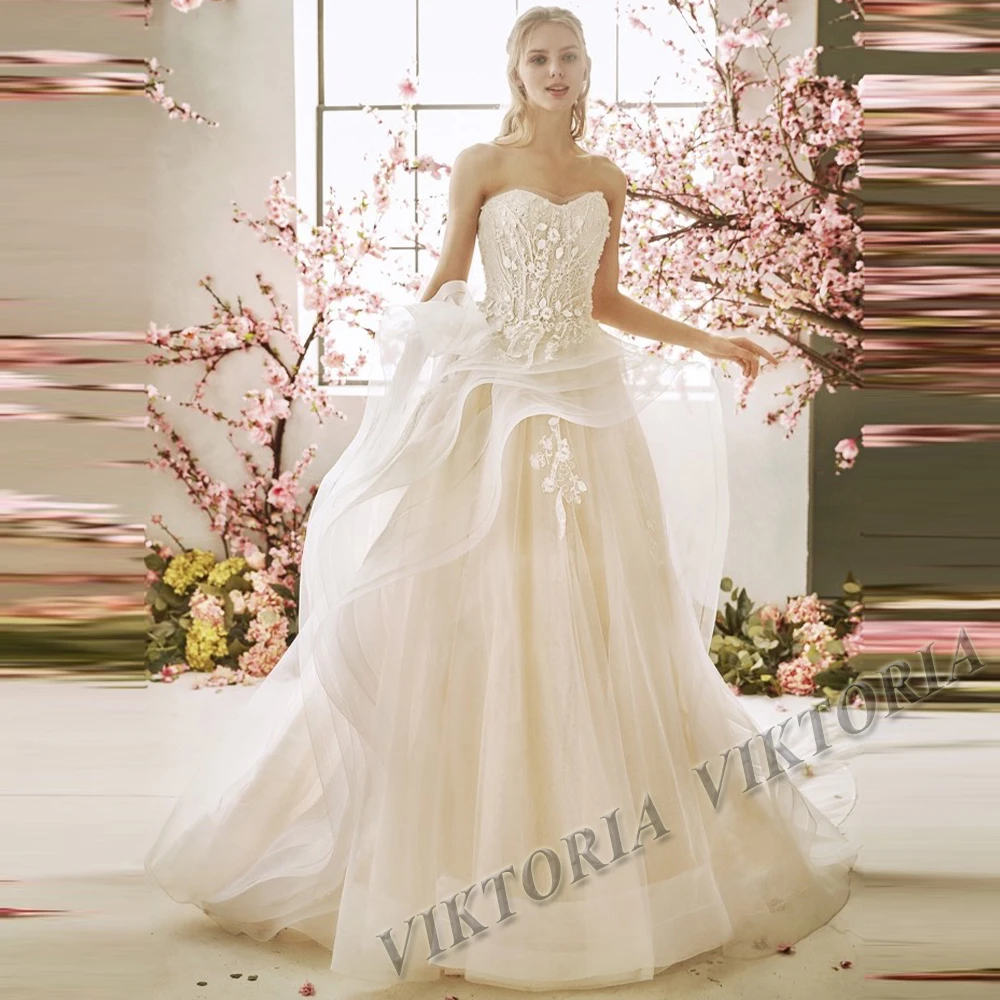 

VIKTORIA Fancy Wedding Dresses Strapless Sweetheart Tiered For Women Bride Tulle A-LINE Appliques Vestidos De Novia Customized