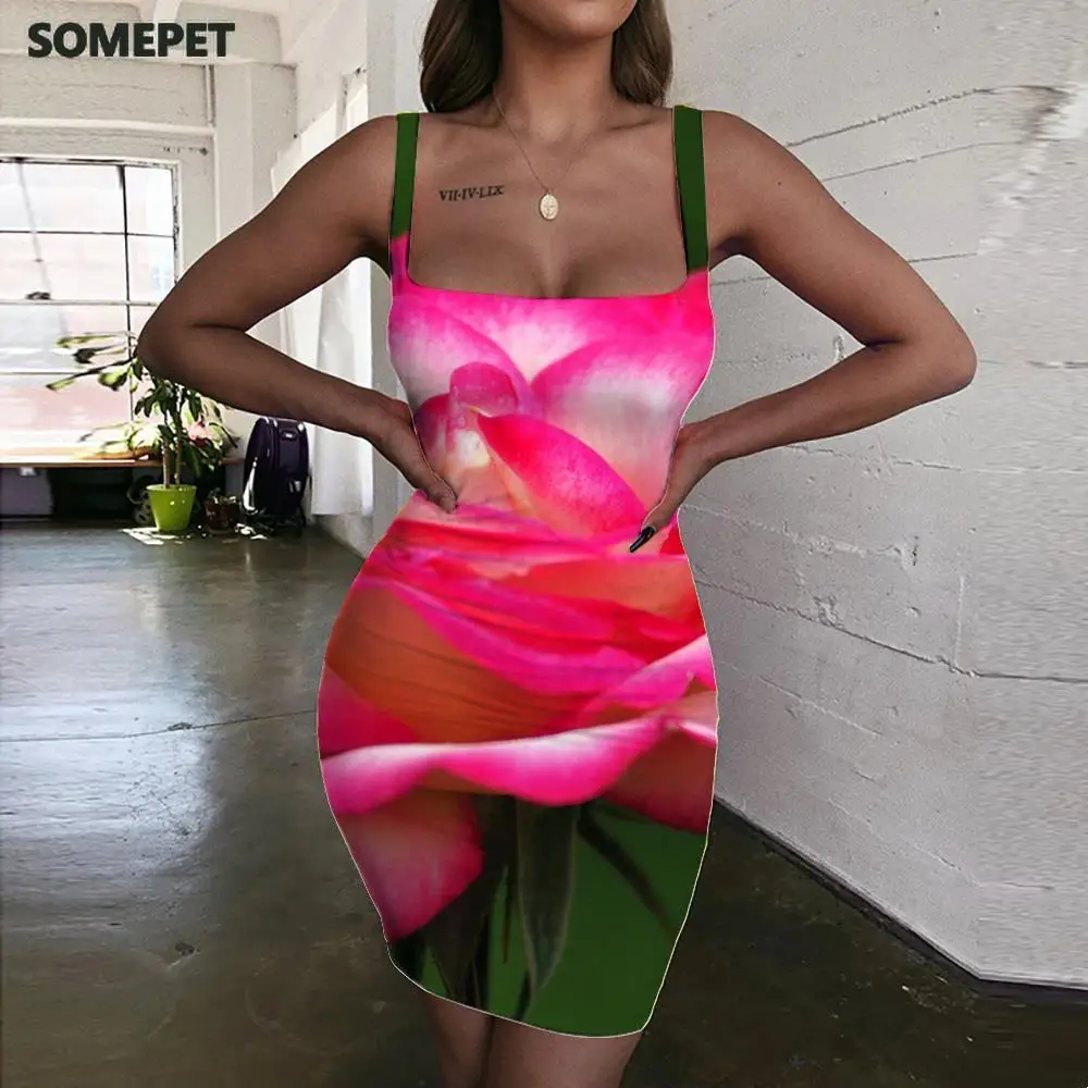 

SOMEPET Flower Dresses Women Fashion Sundress Grace 3d Print Beach Halter Sleeveless Womens Clothing Plus Size Beach