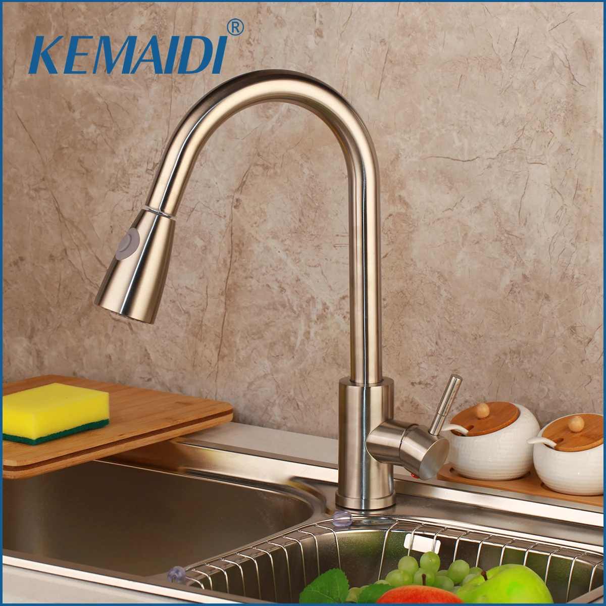 

KEMAIDI Nickel Brushed Solid Brass Kitchen Faucet Single Handle Water Mixer Tap Deck Mounted Torneira Cozinha Pull Out Spray