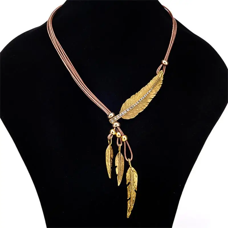 

Multy Layered Gemstone Neck Chain Feather Necklace Luxury Chain Tassel Jewelry Collares Decor Chain Vintage Golden Necklace