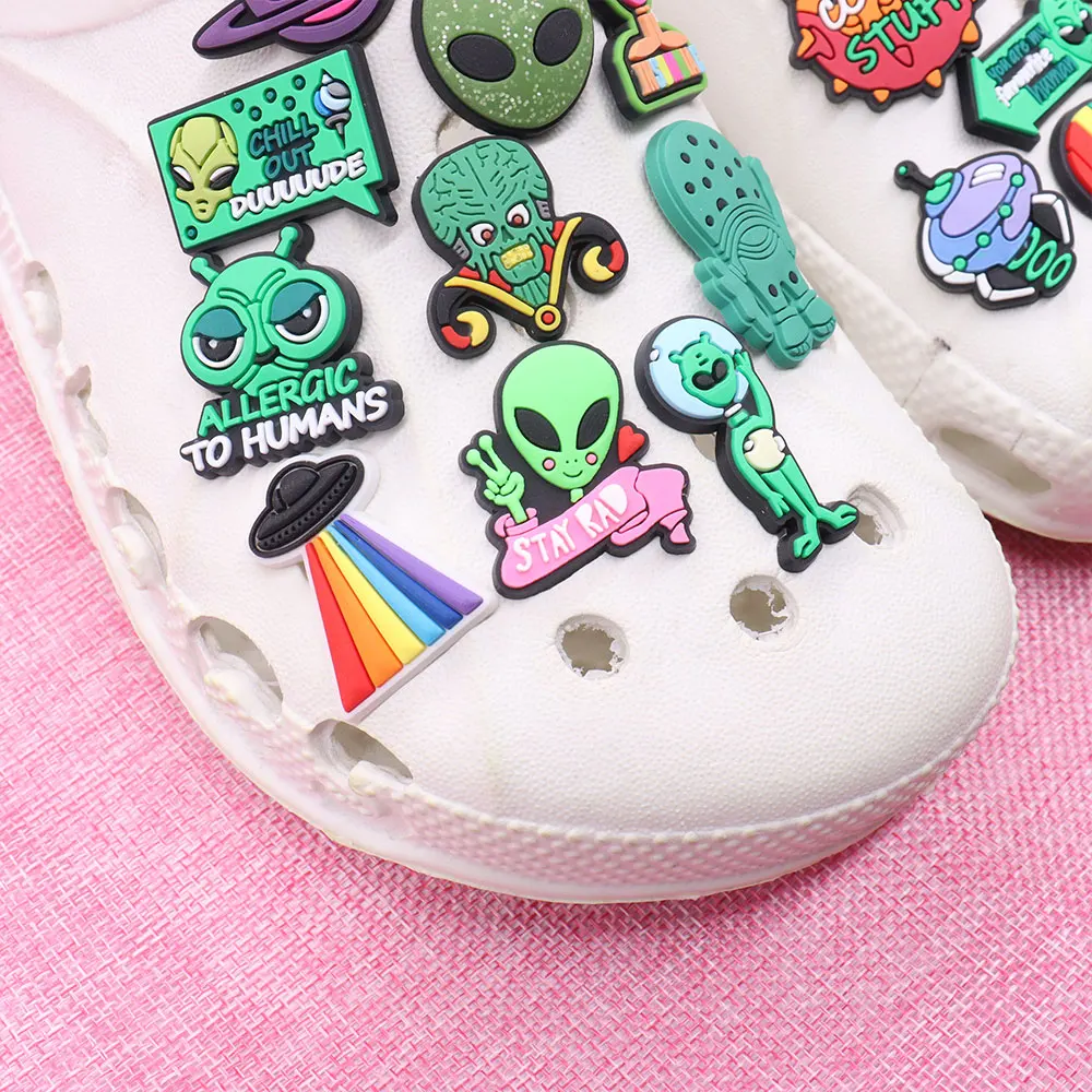 1-21pcs Allergic to Humans Aliens Planet Sandals Shoes Accessories Boys Girls Croc Buckle Fit Backpack Croc Jibz Charm images - 6