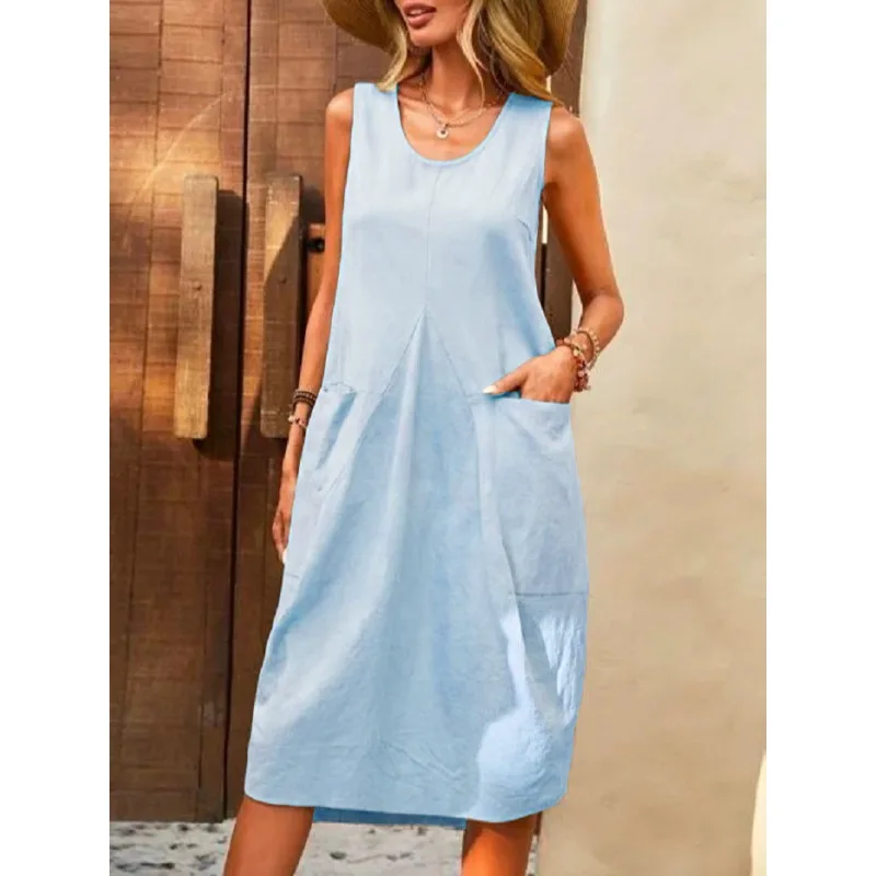 

2023 Summer Dresses Women Sexy O Neck Sleeveless A Line Beach Loose Waist Dress Casual Elegant Vestidos Pullover Pockets
