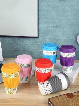 Coffee Mug with Lid and Silicone Rubber Sleeve Bamboo Fiber Safe Heat Insulation Travel Office Portable Coffee Cups for Girls