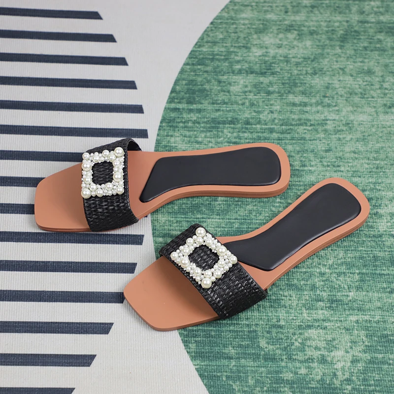 Z Women Fashion Outside Flat Sandals Elegant Pearl Woman Slides Shoes Low Heels Weave Beach Ladies Sandals Travel Summer Shoes
