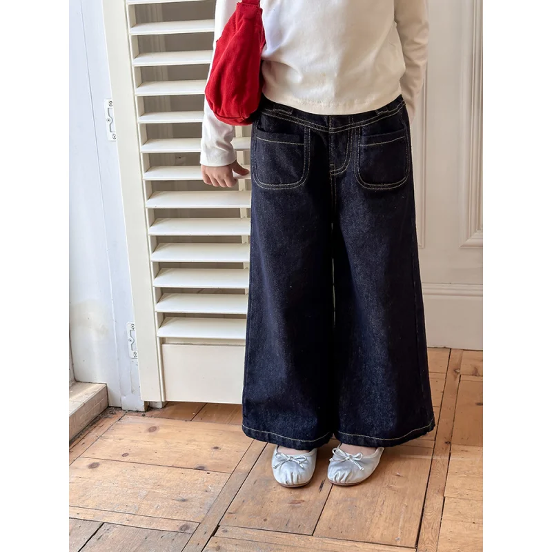 Детские осенние прямые широкие брюки Aimo Beibei в западном стиле с карманами для