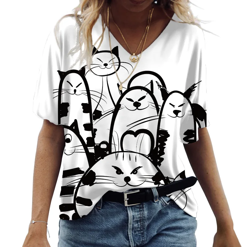 3d V Neck Women  T-shirts Cute Cats Graphics Print Short Sleeve Summer Kawaii Fashion Casual Tee Shirts Funny Female Clothes