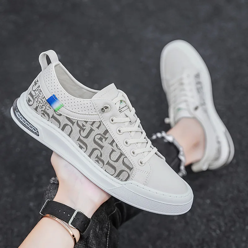 

Кроссовки мужские кожаные с буквенным принтом, модная повседневная обувь на плоской подошве, скейтборд, пэчворк, крутые уличные кеды