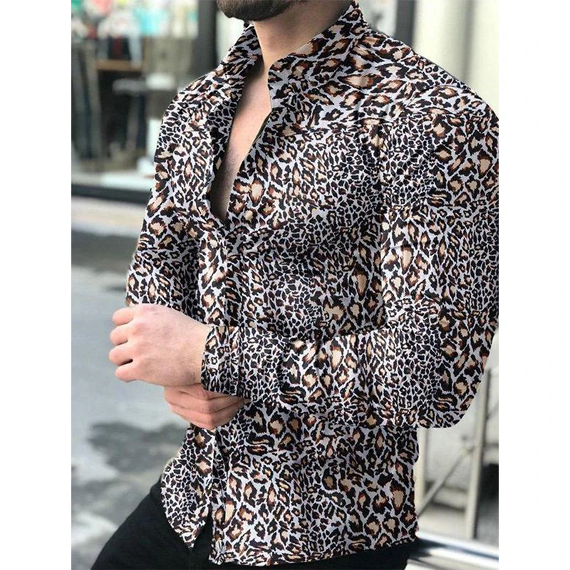 

New Fashion Men Shirts Turn-down Collar Buttoned Shirt Casual Leopard Print Long Sleeve Tops Blouses Mens Clothing Prom Cardigan